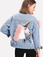 Romwe Cartoon Embroidered Faux Fur Contrast Ripped Denim Jacket