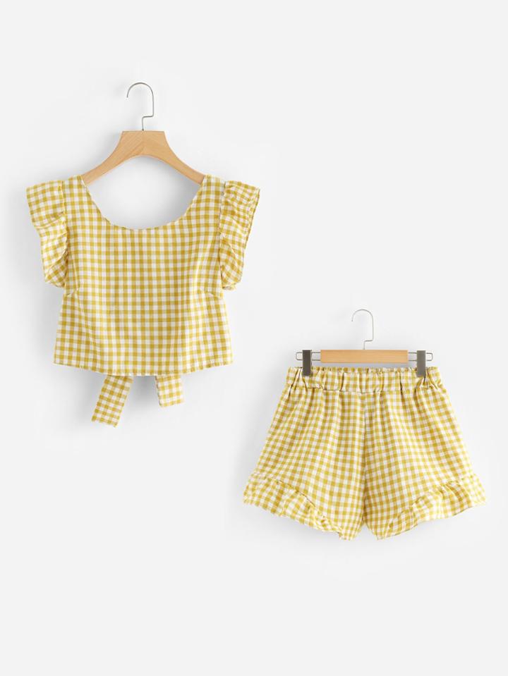 Romwe Tie Back Tank Top & Ruffle Hem Shorts