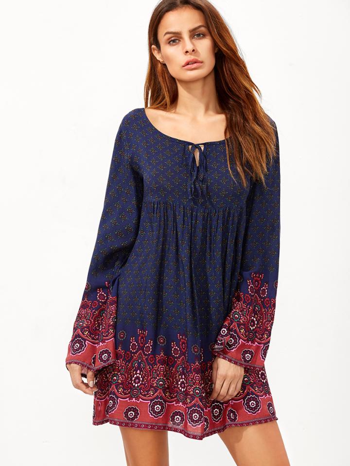 Romwe Navy Tie Neck Floral Print Dress