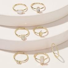 Romwe Bar & Leaf Decor Ring Set 7pcs