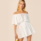 Romwe Off Shoulder Dot Lace Trim Mesh Insert Drawstring Waist Romper