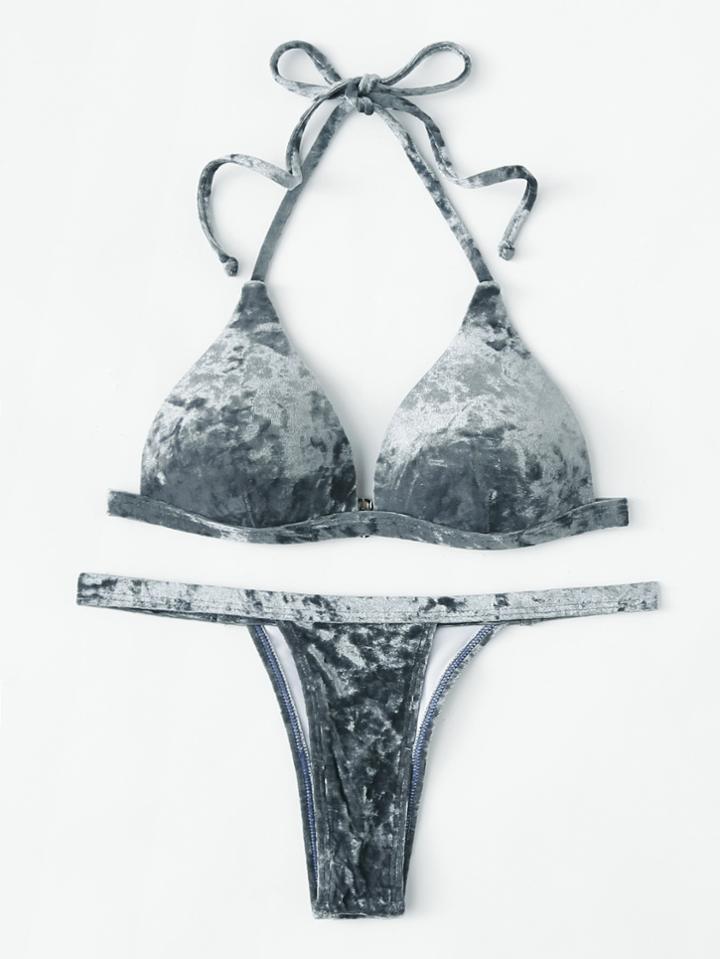 Romwe Velvet Bikini Set