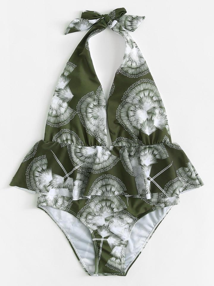 Romwe Flounce Open Back Swimsuit