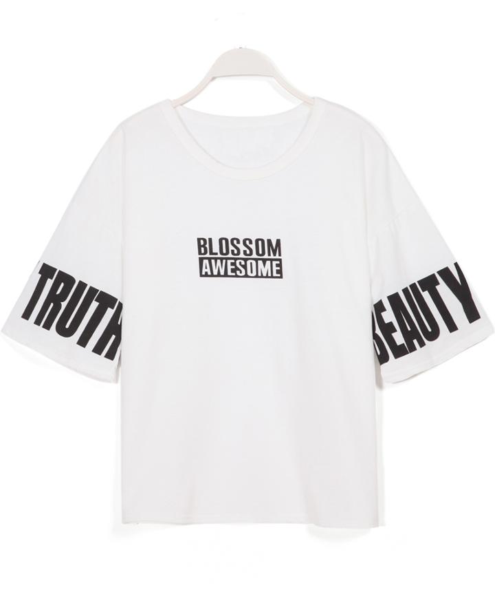 Romwe Round Neck Letter Print Loose White T-shirt