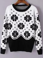 Romwe White Flower Pattern Round Neck Sweater