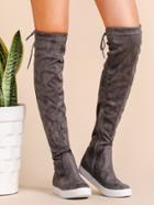 Romwe Grey Round Toe Tie Back Over The Knee Boots