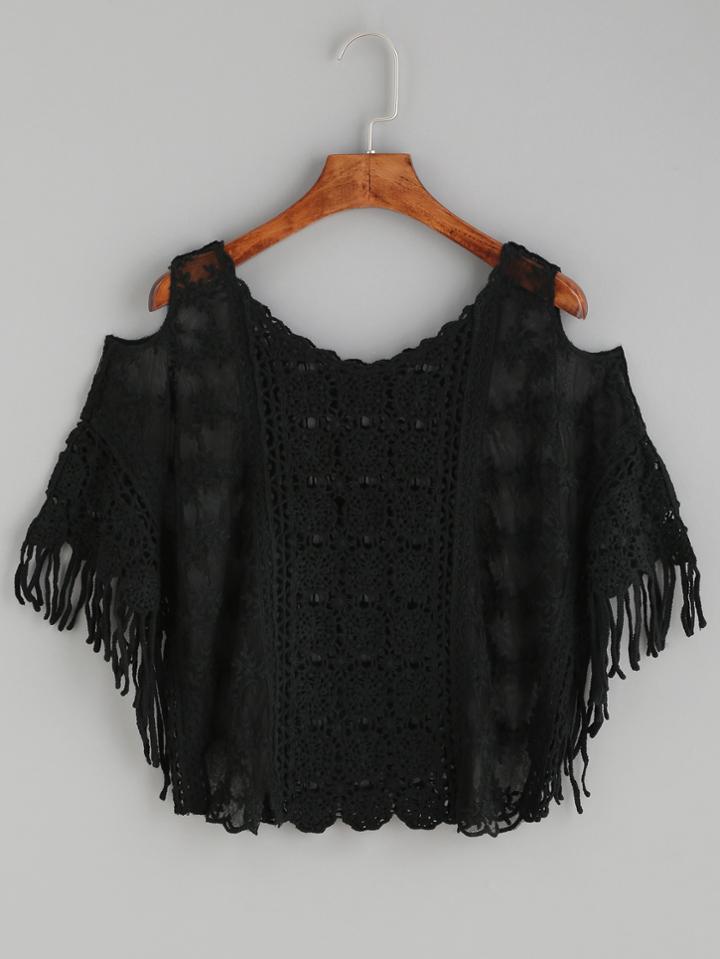 Romwe Black Crochet Insert Open Shoulder Embroidered Mesh Top