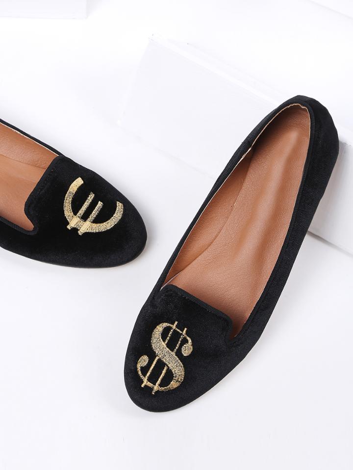 Romwe Black Dollar Embroidery Velvet Ballet Flats