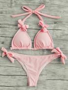 Romwe Bow Tie Detail Ribbed Bikini Set