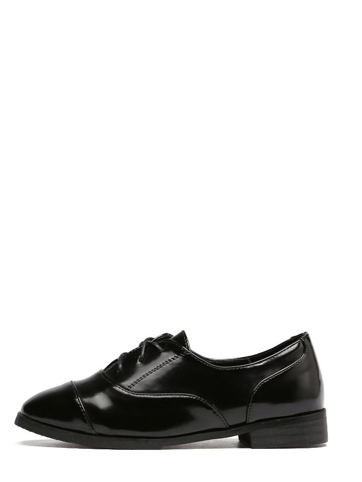 Romwe Black Square Toe Lace-up Patent Leather Flats