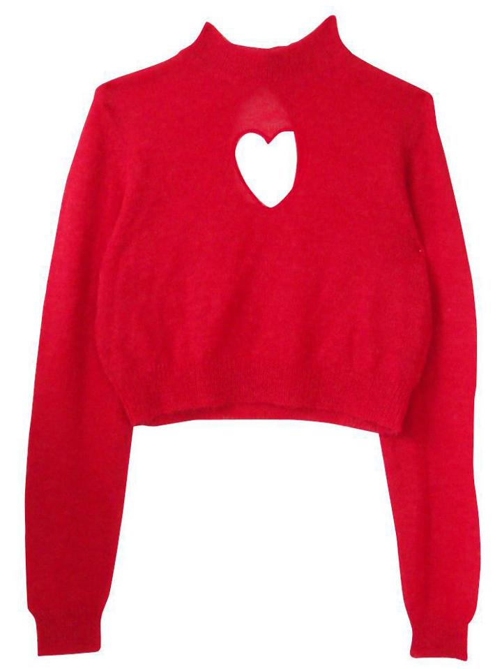 Romwe High Neck Heart Hollow Crop Red Sweater