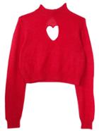 Romwe High Neck Heart Hollow Crop Red Sweater