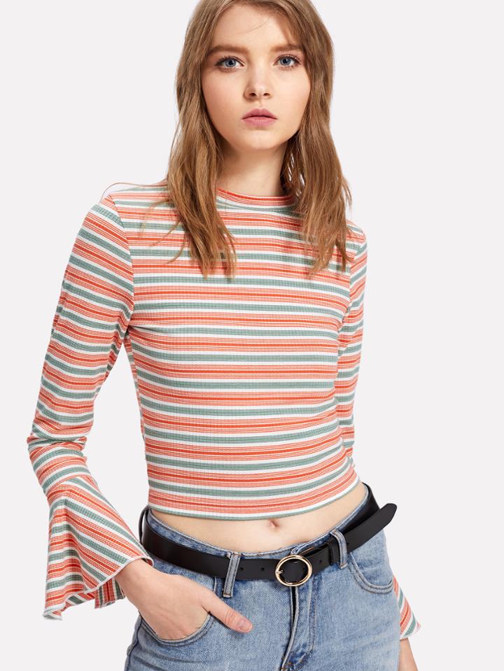Romwe Trumpet Sleeve Rib Knit Striped Tee