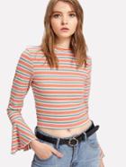 Romwe Trumpet Sleeve Rib Knit Striped Tee