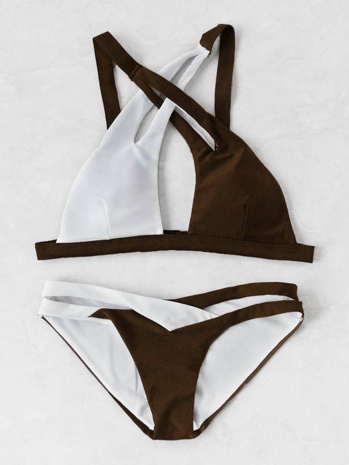 Romwe Two Tone Criss Cross Bikini Set