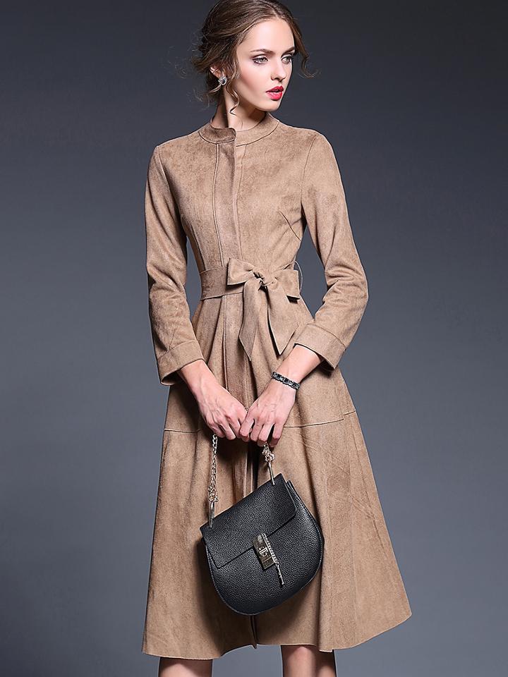 Romwe Khaki Round Neck Long Sleeve Tie-waist Dress