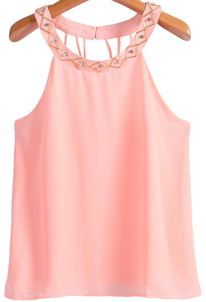 Romwe Bead Hollow Chiffon Pink Vest
