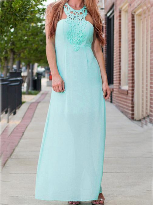 Romwe Crochet Neck Cutout Back Long Dress