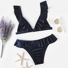 Romwe Ruffle V-neck Top With Velvet Bikini Set