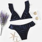 Romwe Ruffle V-neck Top With Velvet Bikini Set
