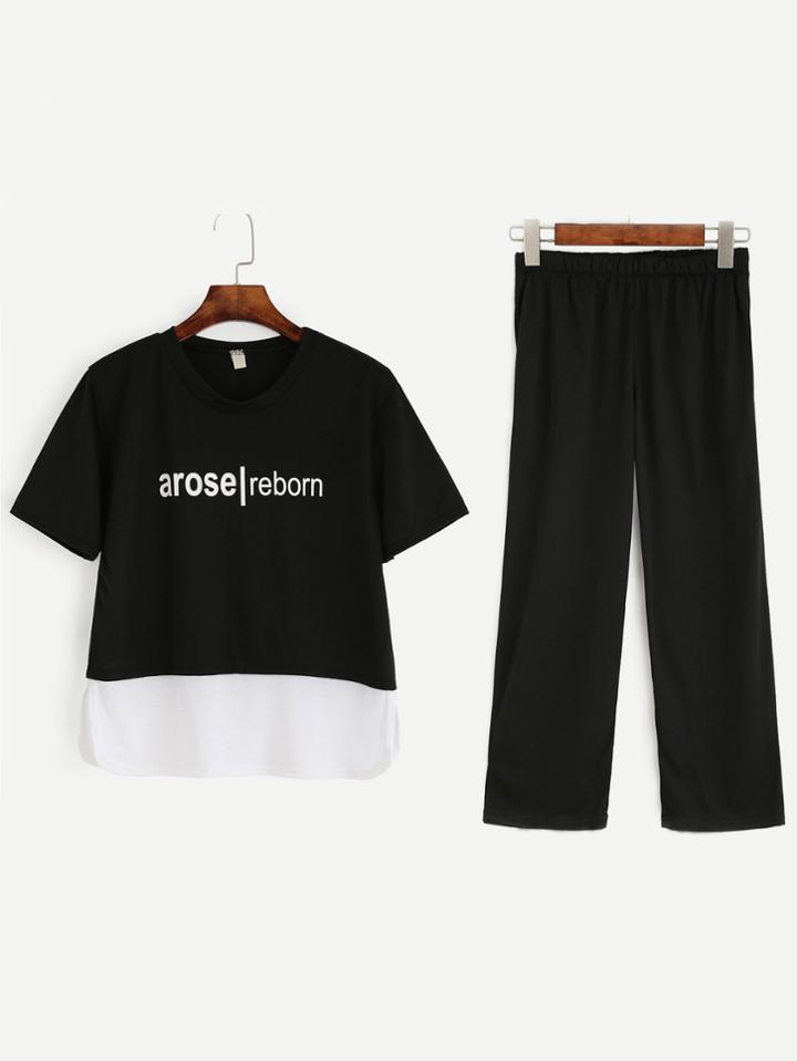 Romwe Black Letter Print Top With Pants