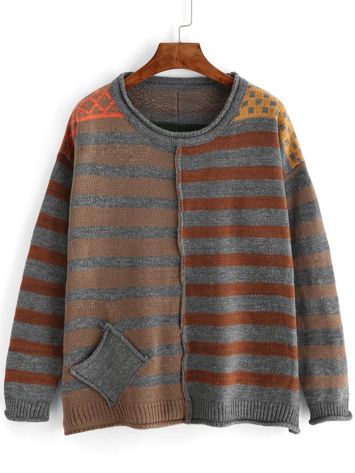 Romwe Dropped Shoulder Seam Color-block Striped Pockets Jumper