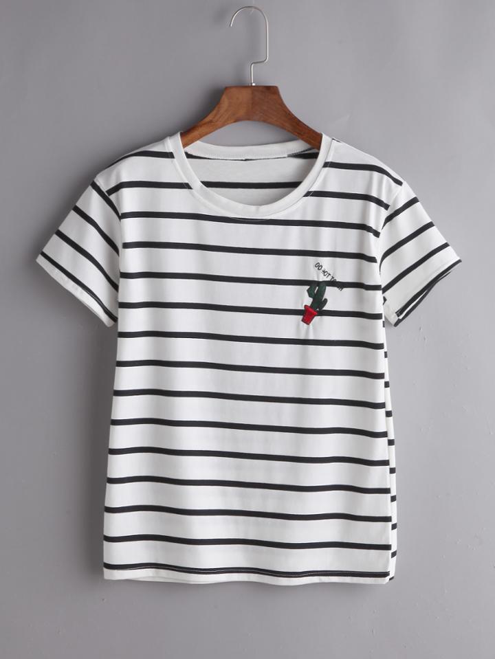 Romwe White Striped Cactus Embroidered T-shirt