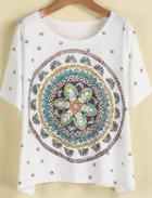 Romwe White Short Sleeve Vintage Floral Loose T-shirt