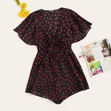 Romwe Knot Front Peekaboo Flutter Sleeve Romper
