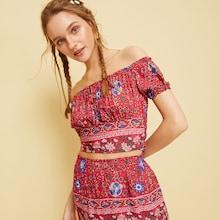 Romwe Floral Print Off The Shoulder Top With Skirt