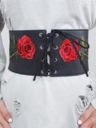 Romwe Faux Leather Embroidered Appliques Lace Up Corset Belt