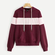 Romwe Kangaroo Pocket Patched Two-tone Drawstring Hoodie
