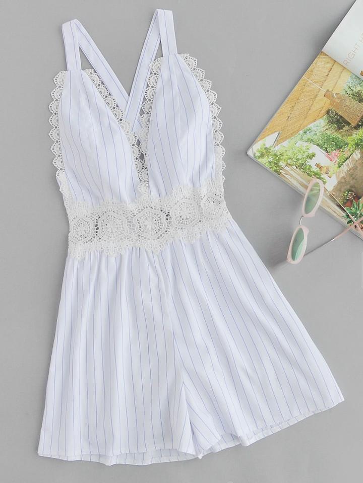 Romwe Striped Criss Cross Open Back Lace Trim Romper
