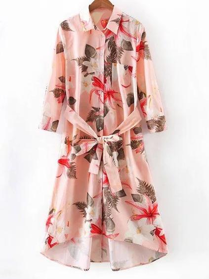 Romwe Pink Pocket Tie-waist Bow Flowers Print Shirt Dress