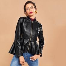 Romwe Zipper Up Front Pu Bomber Jacket