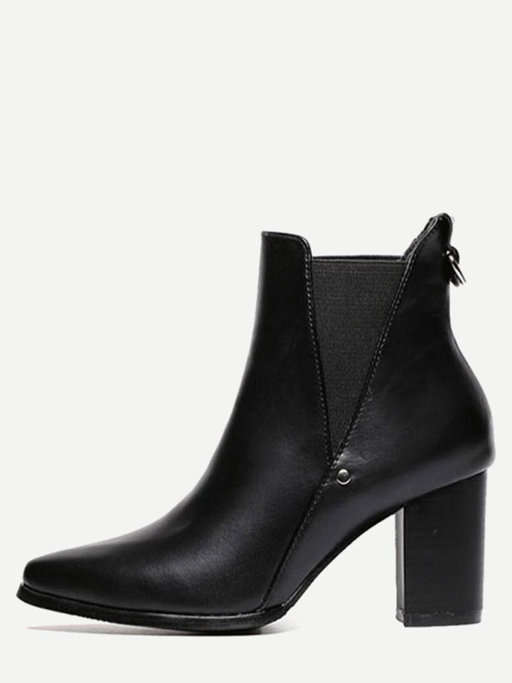 Romwe Black Pointed Toe Elastic Pu Chunky Boots