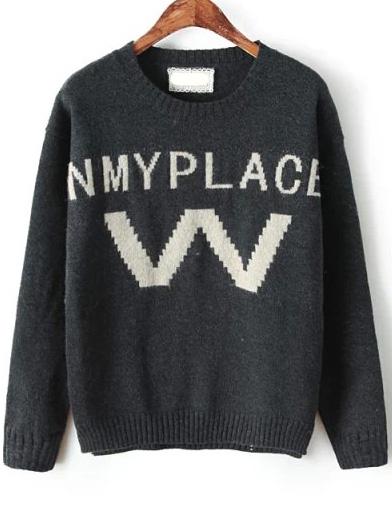 Romwe W Nmyplace Print Knit Grey Sweater