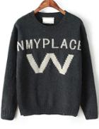 Romwe W Nmyplace Print Knit Grey Sweater