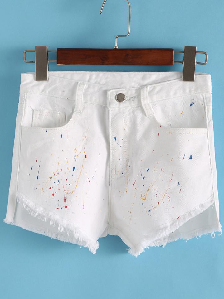 Romwe Fringe Speckled Print Denim White Shorts