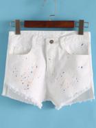 Romwe Fringe Speckled Print Denim White Shorts
