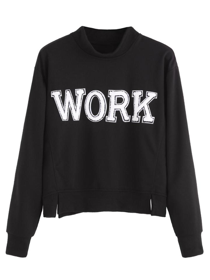 Romwe Black Stand Collar Split Sweatshirt