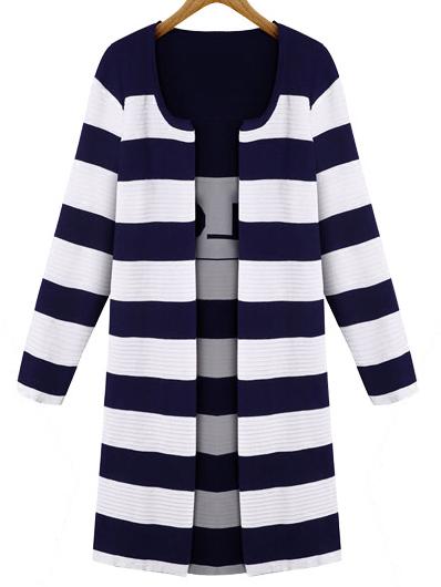 Romwe Round Neck Striped Blue Coat