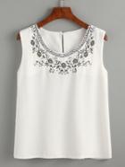 Romwe White Embroidered Keyhole Back Tank Top