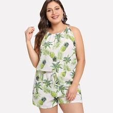 Romwe Plus Foliage Print Split Back Halter Romper