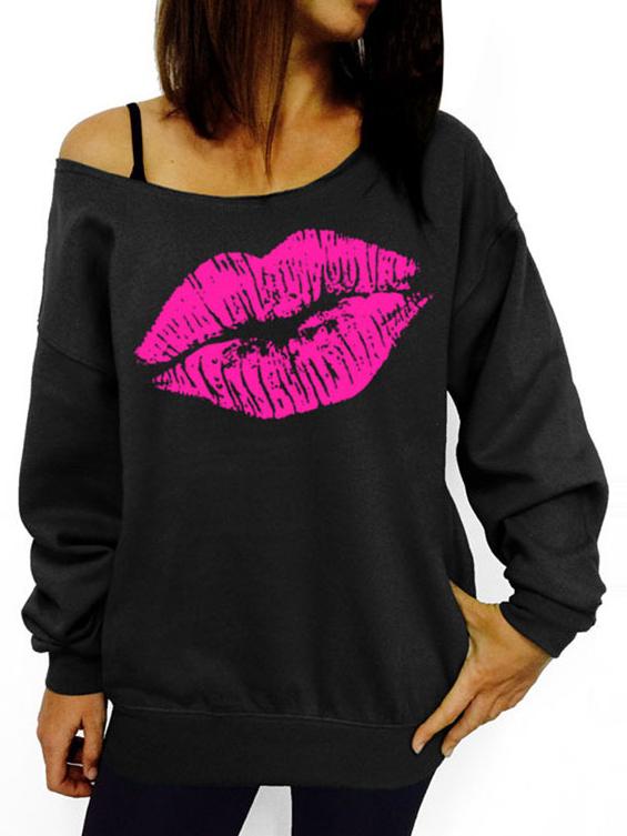 Romwe Black Scoop Neck Lipstick Print Sweatshirt