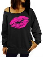 Romwe Black Scoop Neck Lipstick Print Sweatshirt