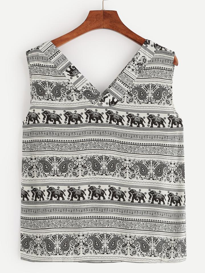 Romwe V Neck Vintage Elephant Print Top