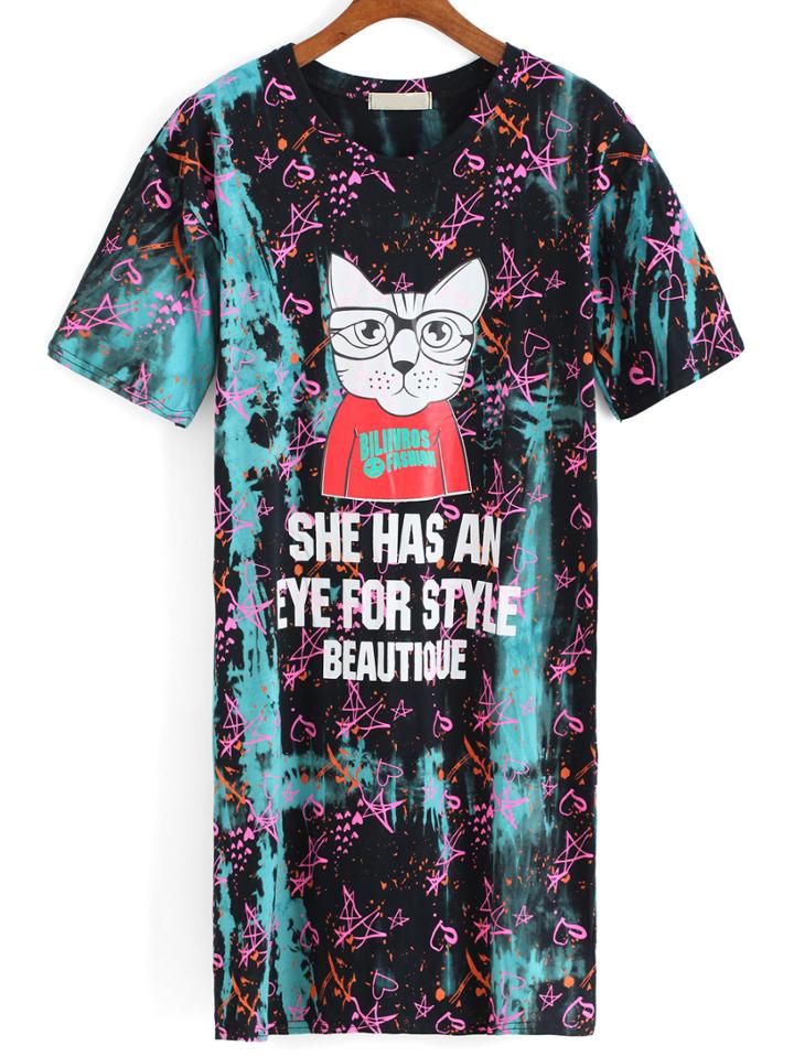 Romwe Cartoon Graffiti Print Blue T-shirt