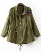 Romwe Army Green Letter Embroidery Drawstring Coat With Pockets