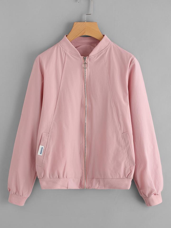 Romwe Slogan Print Ribbed Trim Bomber Jacket